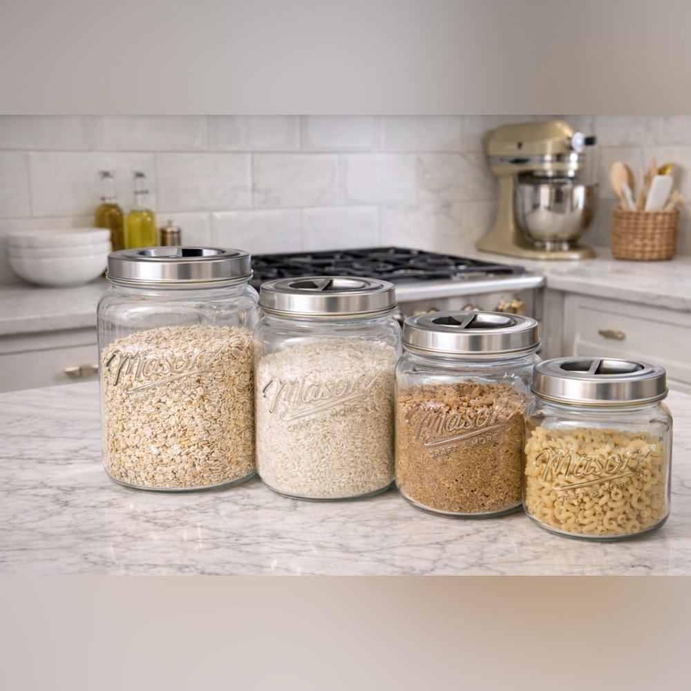 Mason Craft & More Glass Canister Set – 4-Piece with Metal Lids – New